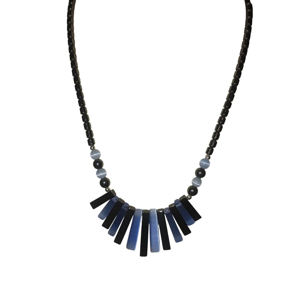 Vintage Hematite Black Blue Beaded Necklace Geometric Design Barrel Clasp